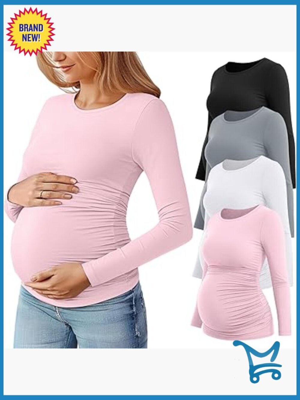 4 Pack Maternity Long Sleeve T-Shirts Side Ruched Crew Neck Bodycon Tops